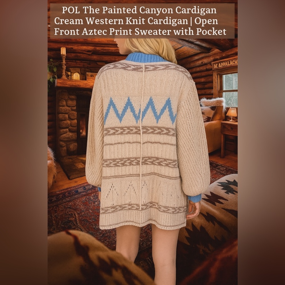 POL Cream Western Aztec Print Open Front Knit Cardigan Sweater with Pockets - Picture 6 of 10